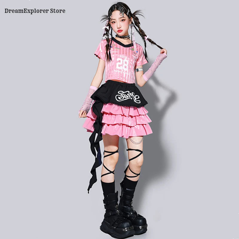 Kids K-pop Crop Top Street Dance Shiny Pleated Skirt Girls Hip Hop Streetwear Children Jazz Costume Girl Group Stage Clothes Set