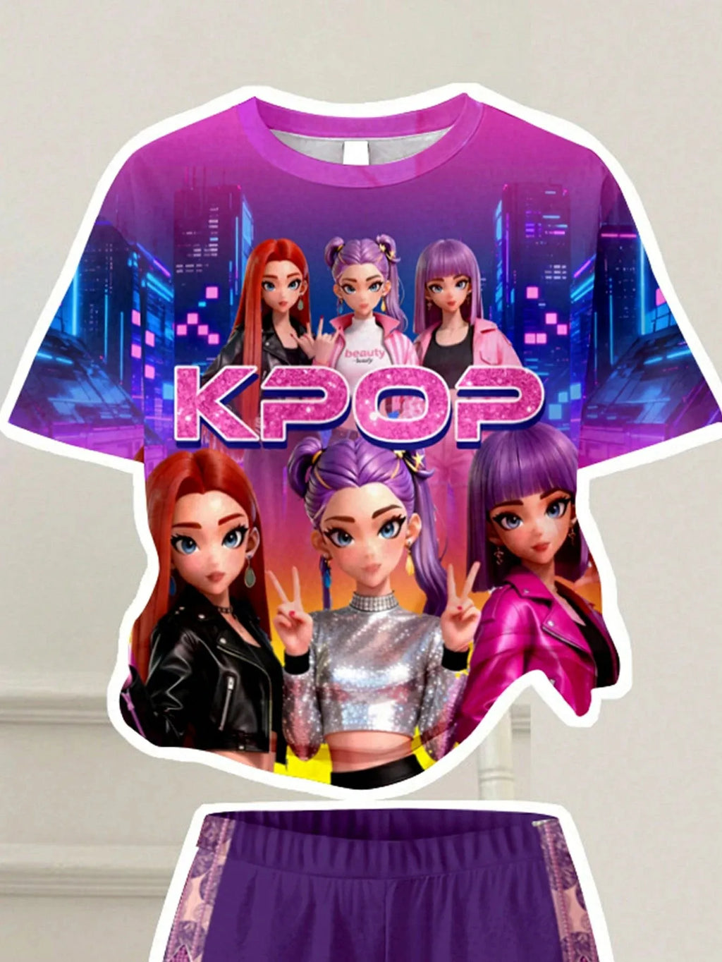 Girl Kpop 3Dcartoon idol print 2-piece set purple city neon light short sleeved T-shirt with star side stripes and trumpet shape