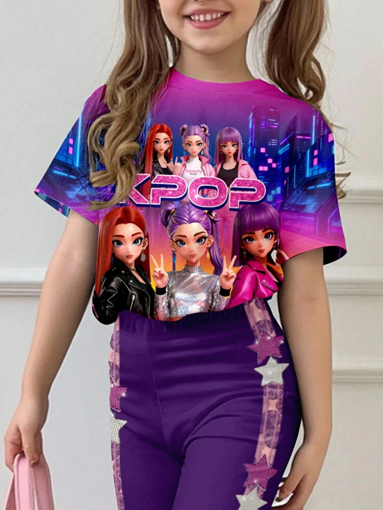 Girl Kpop 3Dcartoon idol print 2-piece set purple city neon light short sleeved T-shirt with star side stripes and trumpet shape