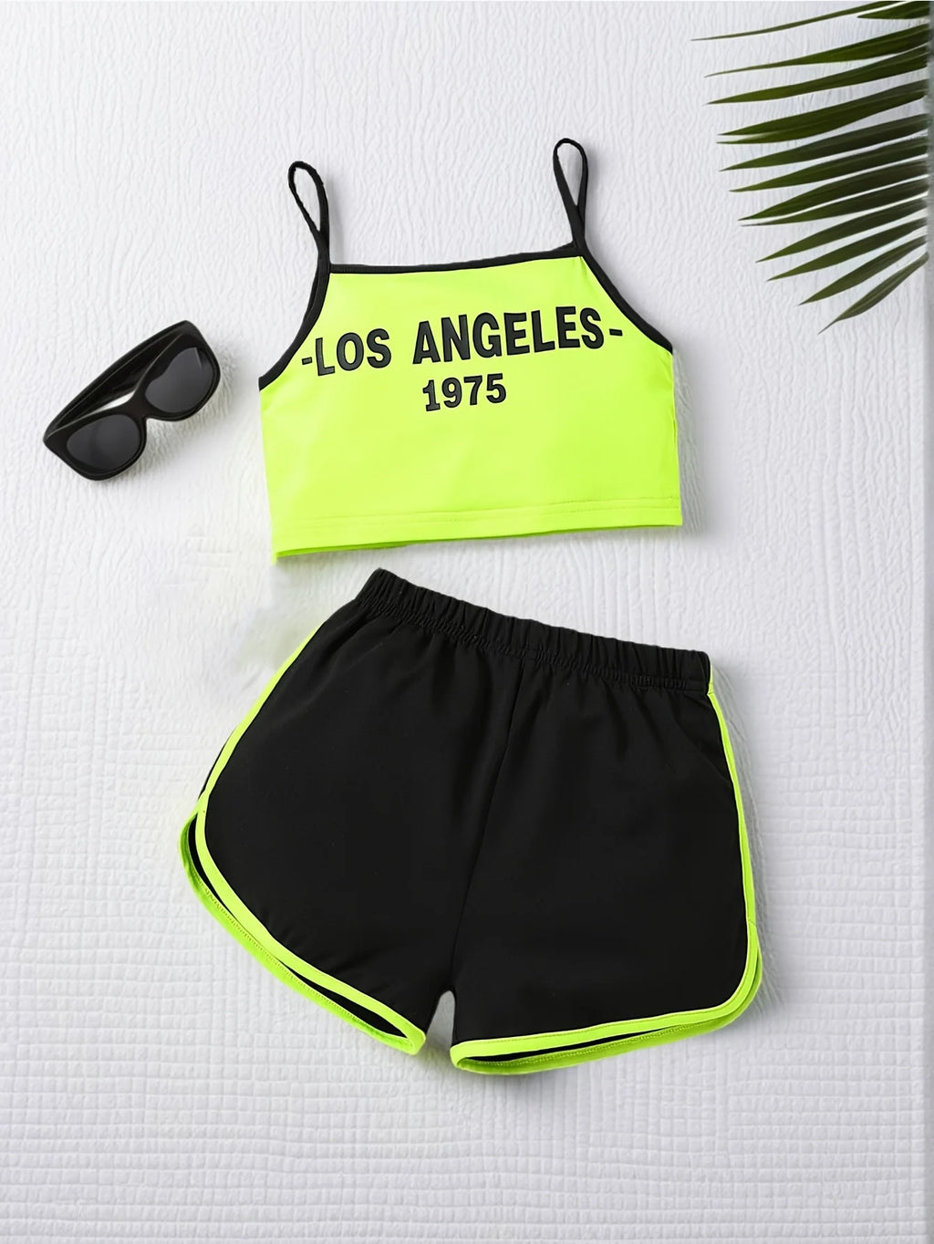 Girls 2 Piece Outfit, Neon Letter Print Spaghetti Cami Top Athletic Shorts Soft Kids for Daily Summer Casual Street Sports Wear