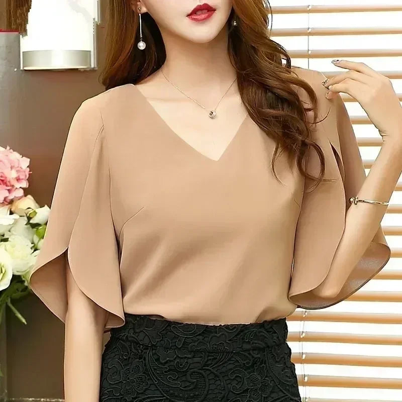 Women Chiffon Short Sleeve Shirt Sexy V-neck Loose Ruffled Chiffon Blouse.