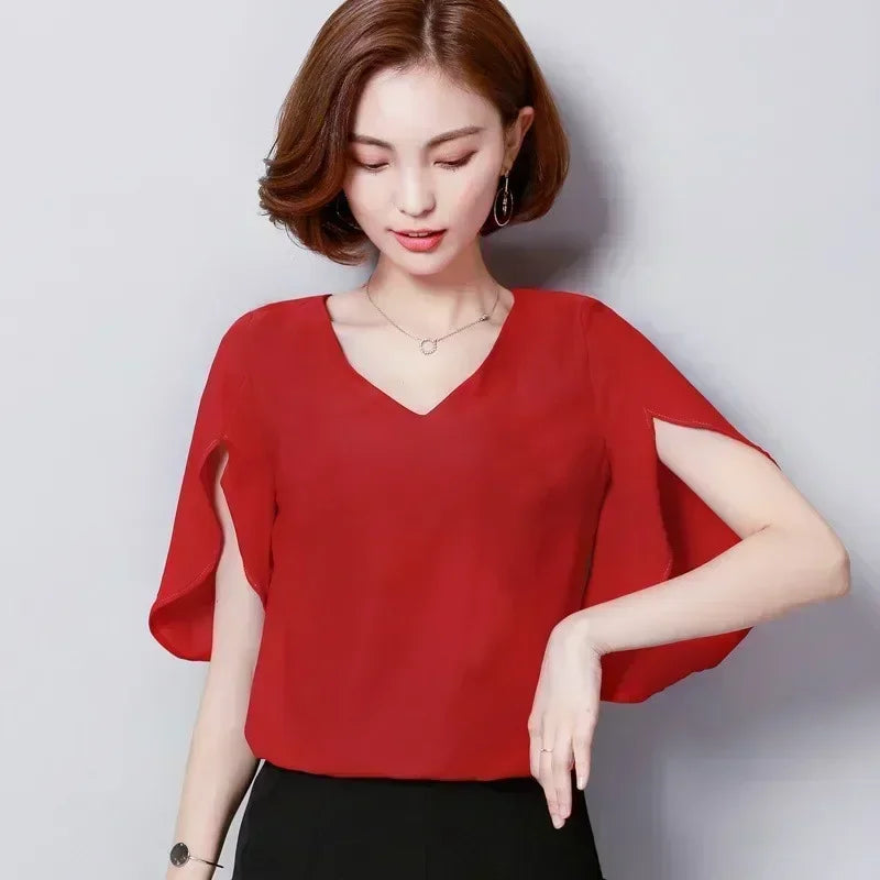 Women Chiffon Short Sleeve Shirt Sexy V-neck Loose Ruffled Chiffon Blouse.