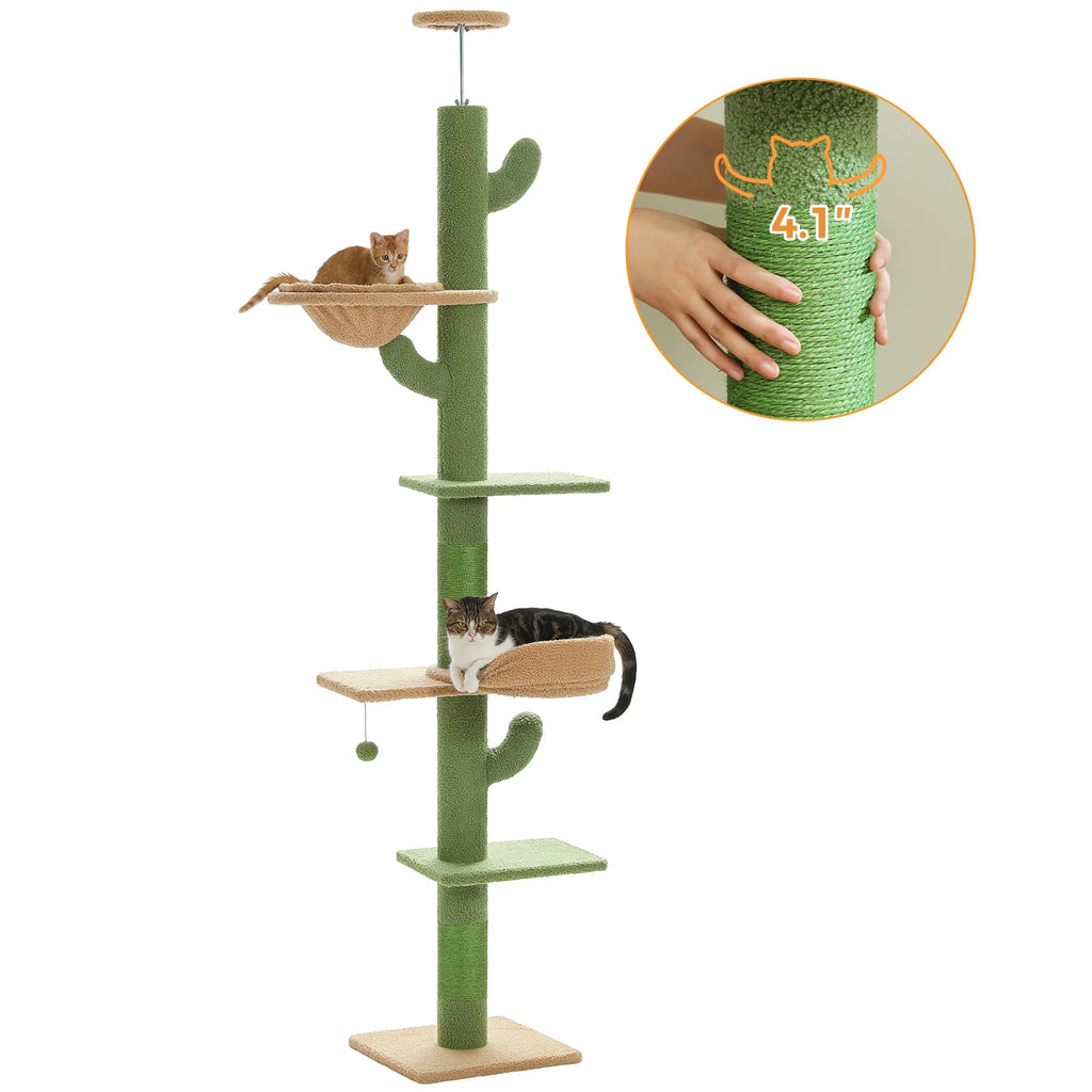 Height Adjustable Cactus Cat Tree with Cozy Hammock, Platforms and Dangling Balls, Floor to Ceiling Cactus Tower, Cat Toys