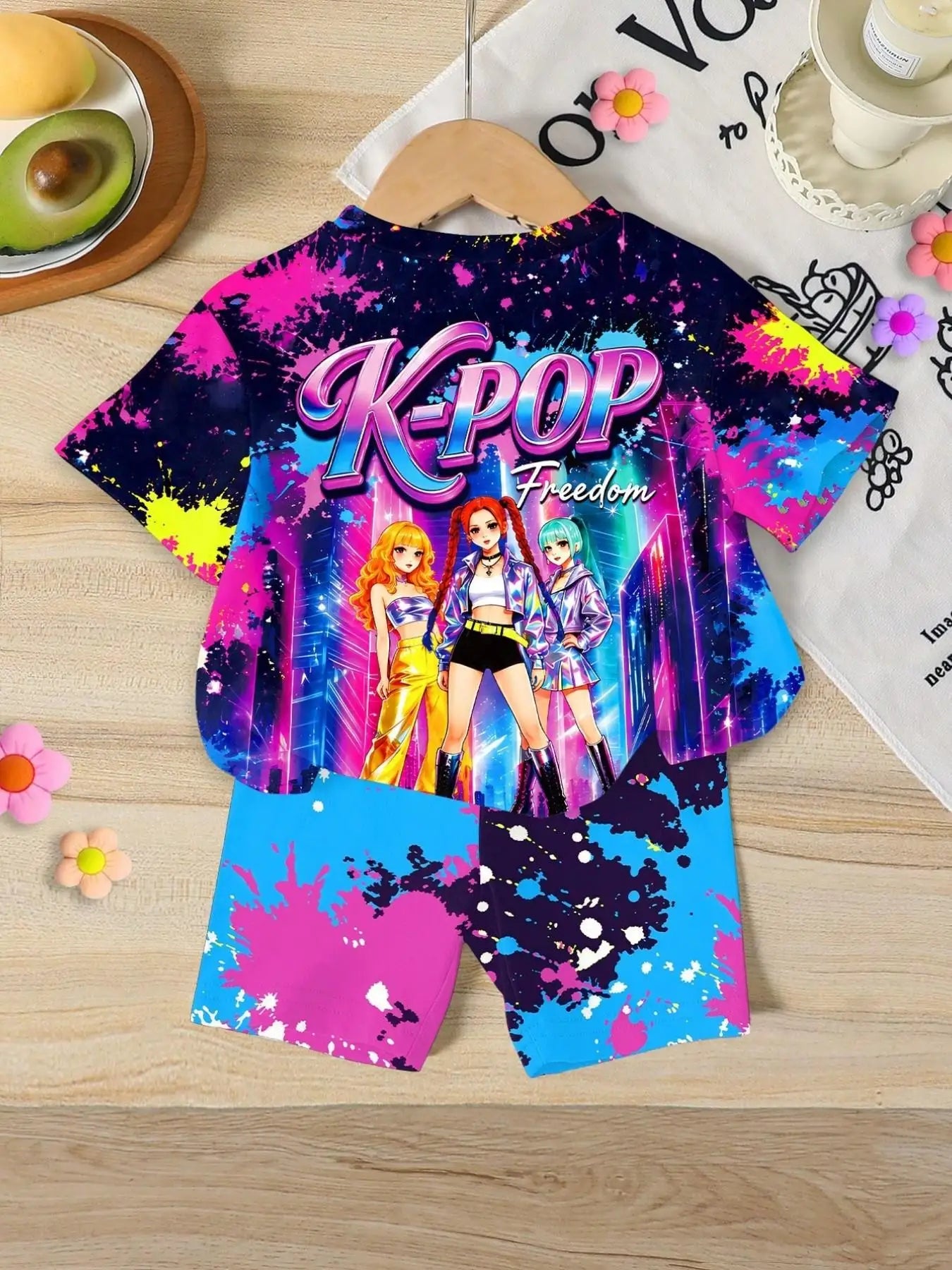 Girls' two-piece outfit featuring a neon ink-wash style with anime-inspired idol aesthetics; includes a crew-neck, short-sleeved