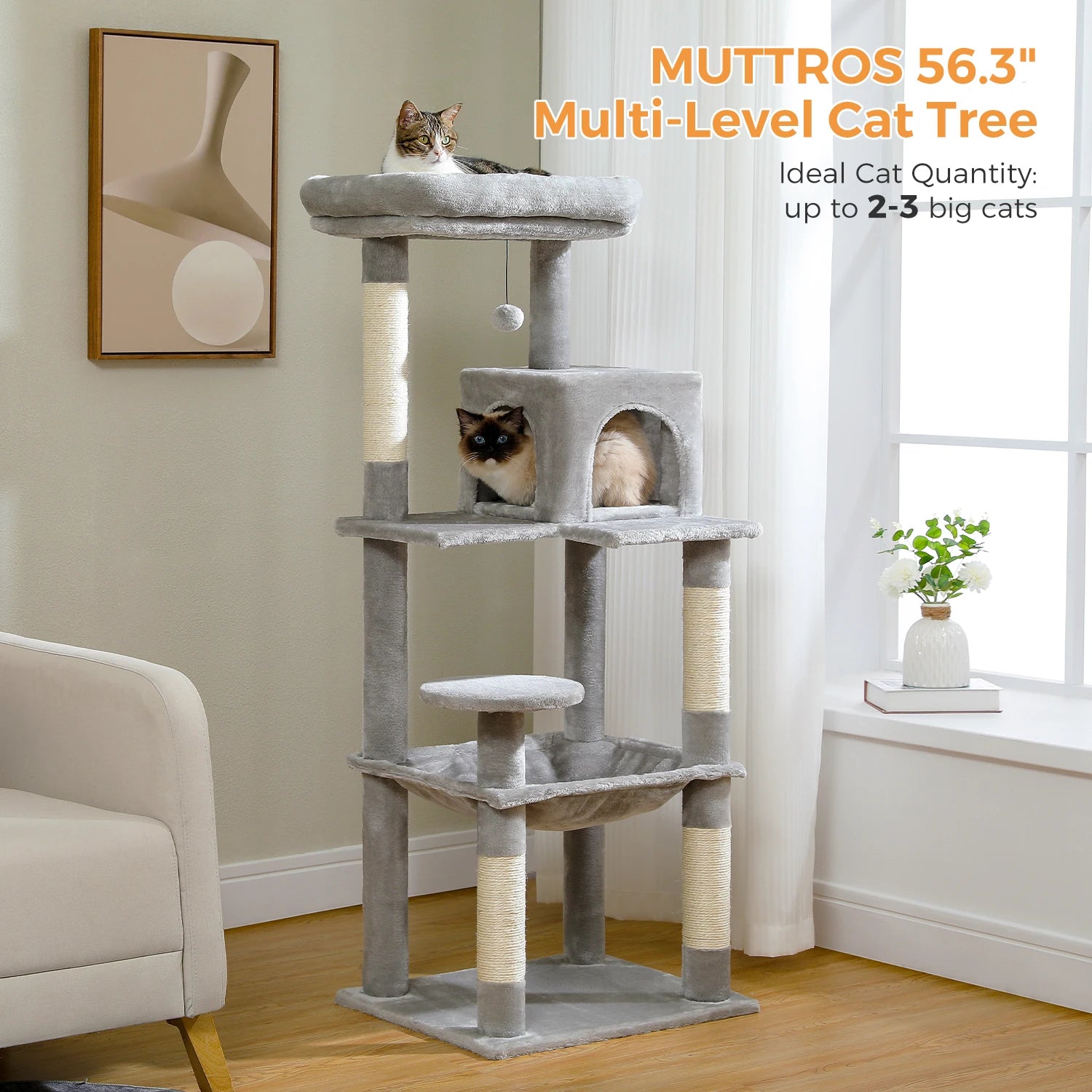 Multi-Level Cat Tree for Indoor Cats Large Cat Tower with Big Hammock Sisal Scratching Posts Cozy Condo Plush Cat House Cat Toys
