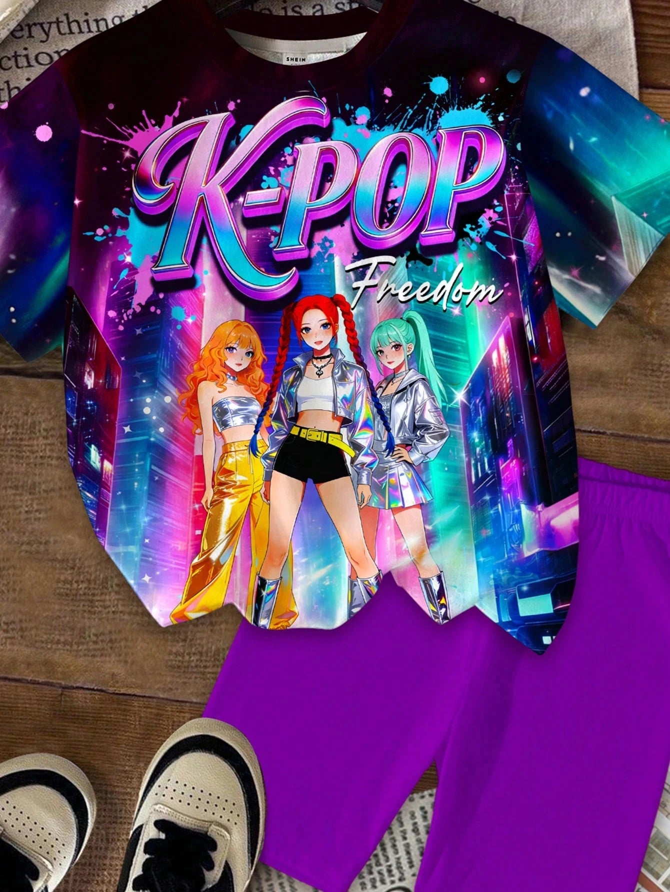 Little Girl Neon City KPOP3 Anime Idol Printed T-shirt Solid Color Purple Cycling Shorts2-piece Fashion Pop Music Children's Set