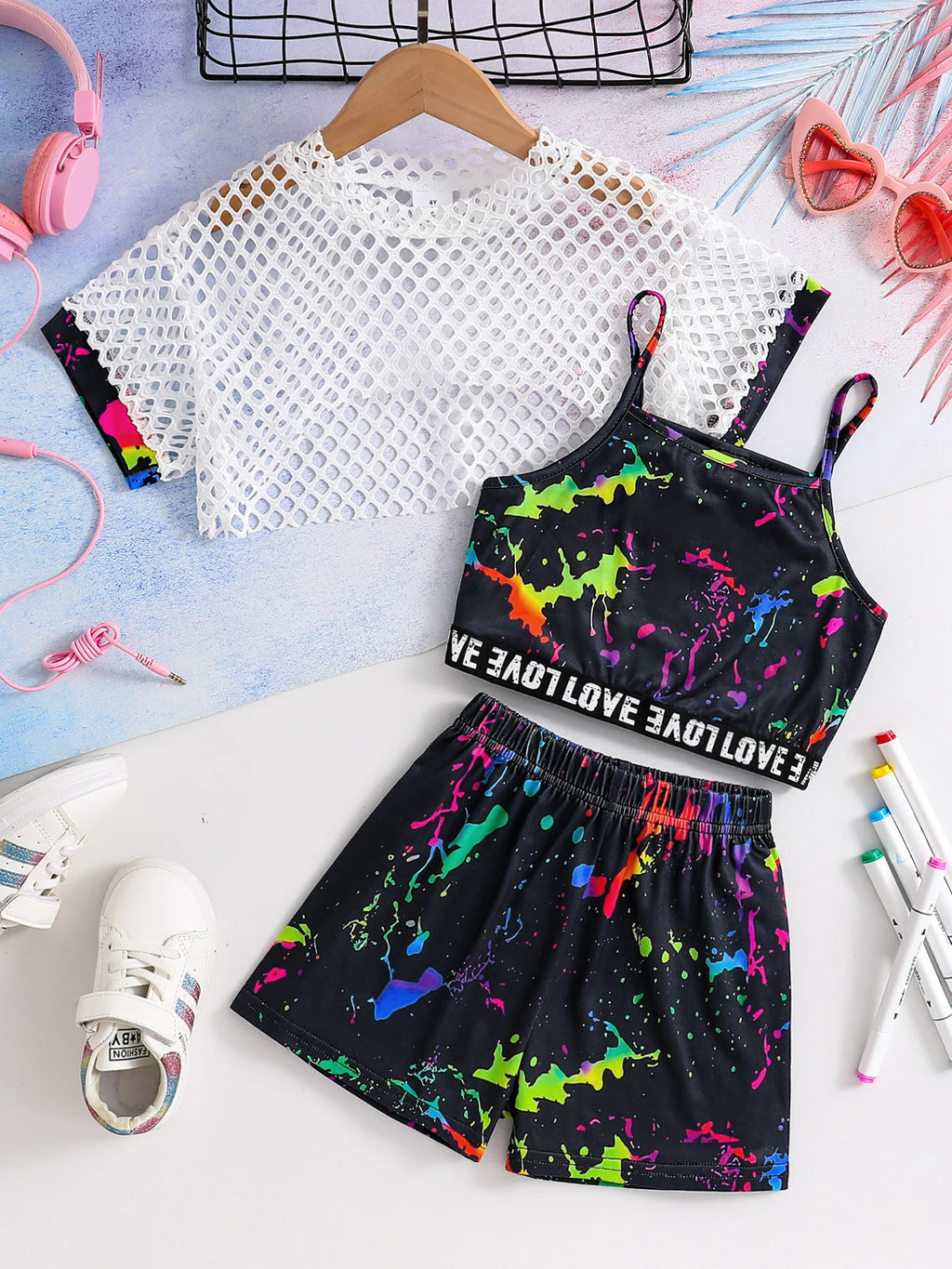 Summer Children's Fashion Refreshing Three-Piece Girls Fluorescent Graffiti Print Casual Wide Micro-Elastic Comfort Suit