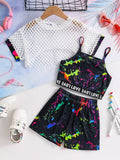 Summer Children's Fashion Refreshing Three-Piece Girls Fluorescent Graffiti Print Casual Wide Micro-Elastic Comfort Suit