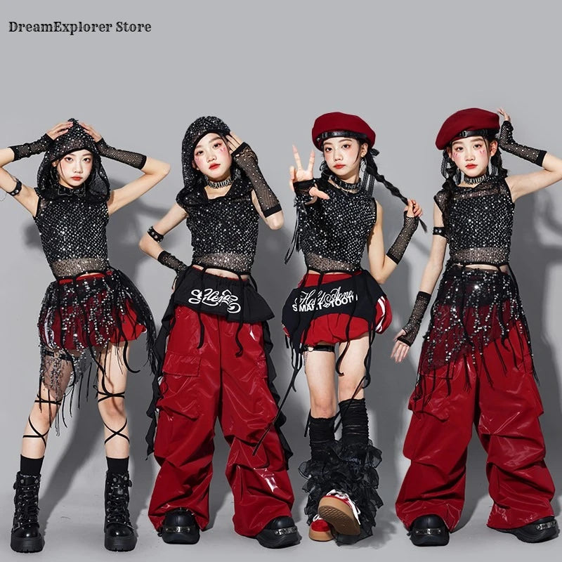 Girls K-pop Sequin Crop Hoodies Cargo Pants Street Dance Skirt Child Hip Hop Costume Kids Streetwear Jazz Girl Group Clothes Set