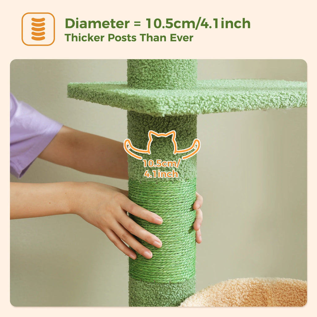 Height Adjustable Cactus Cat Tree with Cozy Hammock, Platforms and Dangling Balls, Floor to Ceiling Cactus Tower, Cat Toys