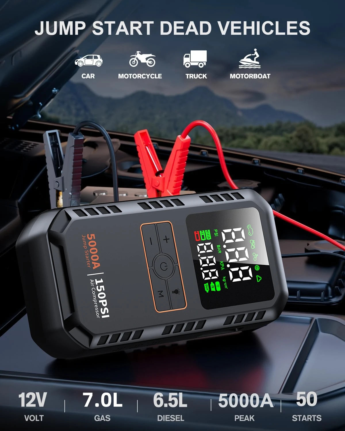 Démarreur de Batterie 4-en-1 5000A + Compresseur 150PSI