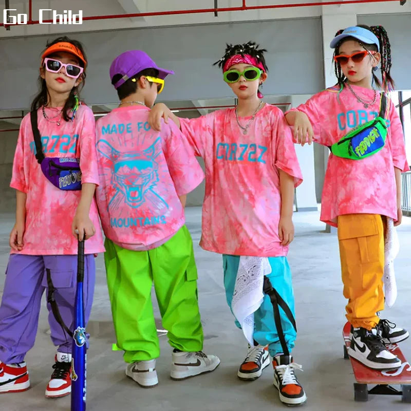 Boys Hip Hop Tie-dyed T-shirt Vest Street Dance Cargo Pants Girls Colorful Tee Clothes Sets Kids Streetwear Child Jazz Costumes