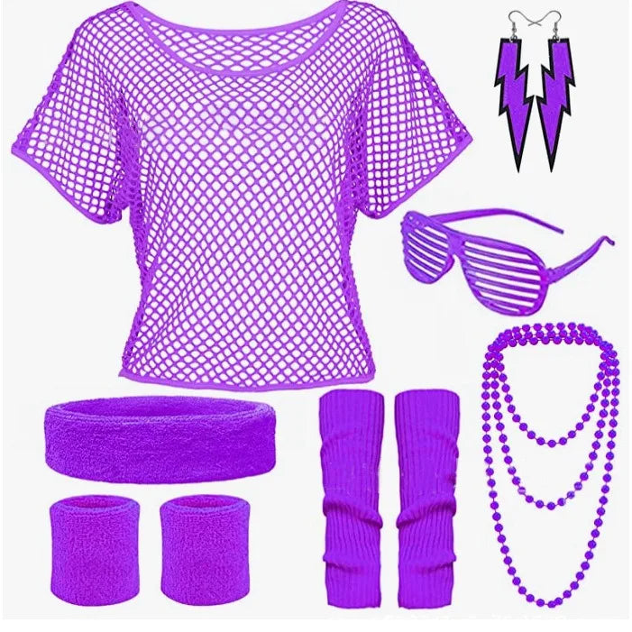 Kids Neon Performance Outfit Fishnet Top Glasses 7 Piece Party Dance Costume Set