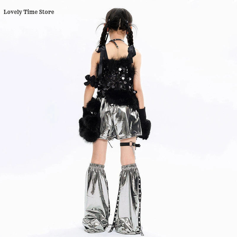 Hip Hop Girls Sequin Crop Top Silver Street Dance Shorts Kids K-pop Streetwear Costumes Children Jazz Girl Group Clothes Sets