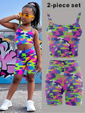 Kids Girls 2-Piece Neon Camo Print Cami Crop Top & Biker Shorts Set Y2K Streetwear Summer Outfit