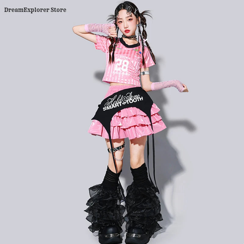 Kids K-pop Crop Top Street Dance Shiny Pleated Skirt Girls Hip Hop Streetwear Children Jazz Costume Girl Group Stage Clothes Set