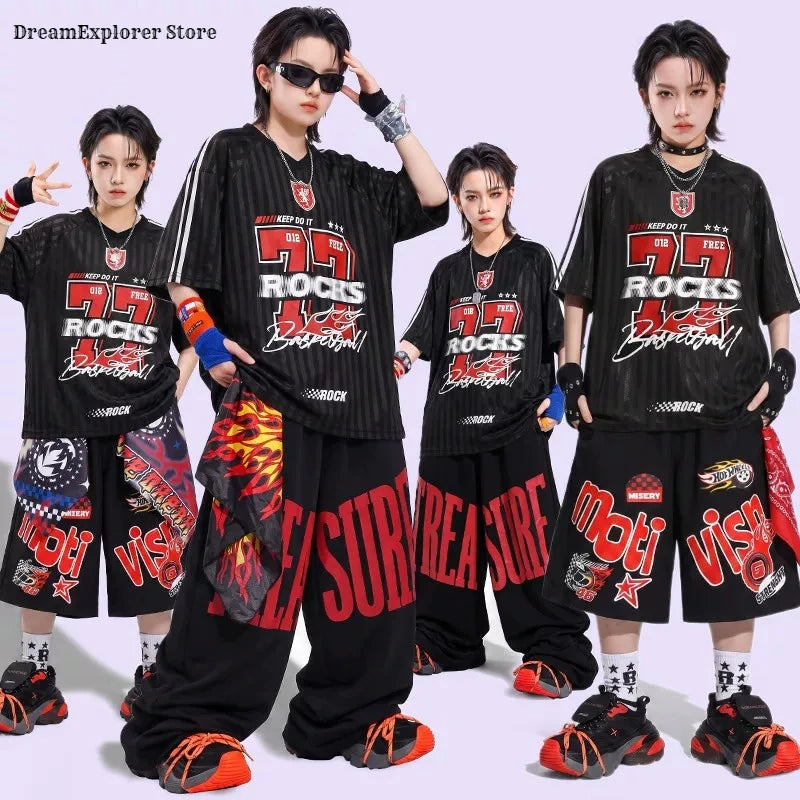 Hip Hop Boys Cool Letters T-shirt Street Dance Loose Pants Girls K-pop Costumes Children Streetwear Kids Jazz Stage Clothes Sets