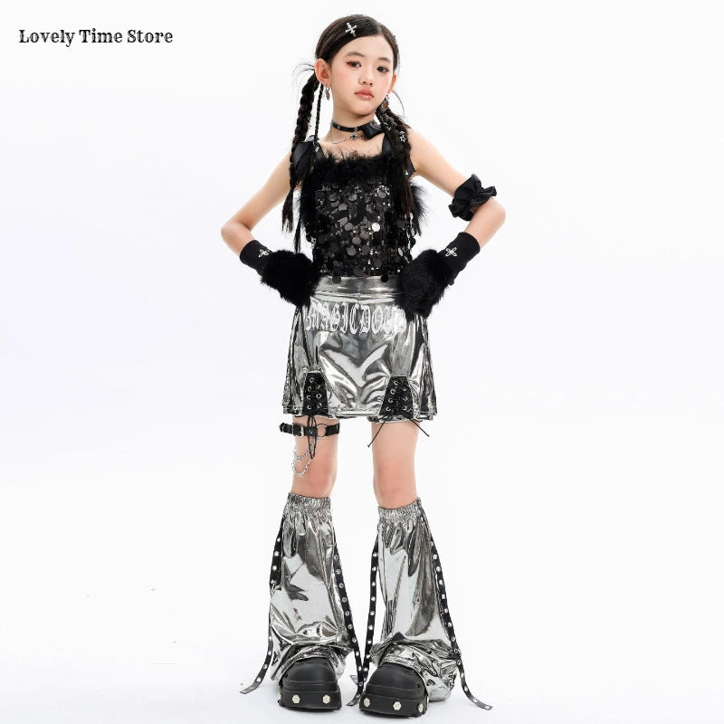 Hip Hop Girls Sequin Crop Top Silver Street Dance Shorts Kids K-pop Streetwear Costumes Children Jazz Girl Group Clothes Sets