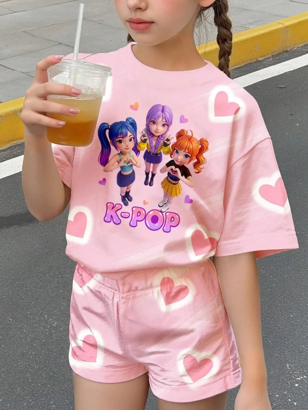 Girls' pink neon heart-outline K-pop idol-style two-piece outfit: a crew-neck short-sleeve T-shirt paired with heart-print short
