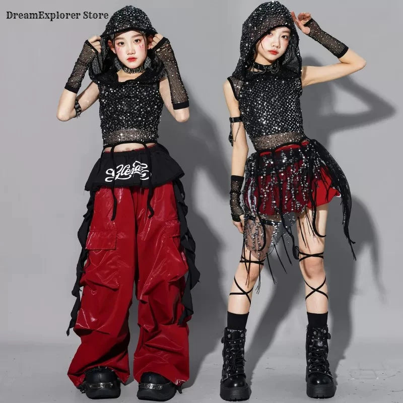 Girls K-pop Sequin Crop Hoodies Cargo Pants Street Dance Skirt Child Hip Hop Costume Kids Streetwear Jazz Girl Group Clothes Set