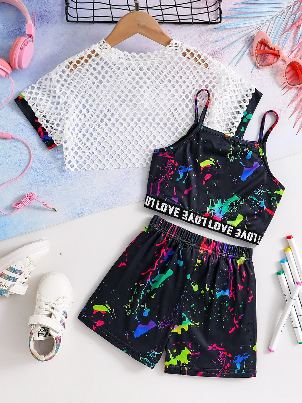 Summer Children's Fashion Refreshing Three-Piece Girls Fluorescent Graffiti Print Casual Wide Micro-Elastic Comfort Suit