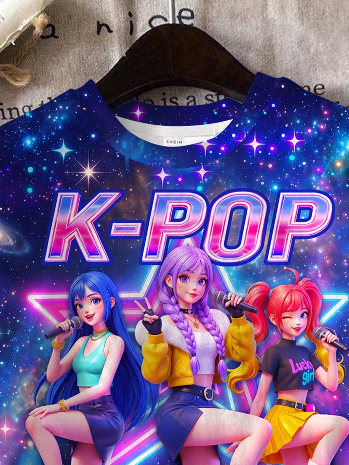 Little Girl Galaxy Neon Star 3D Kpop Idol Printed T-shirt with Space Shorts 2-piece Music Festival Children's Set