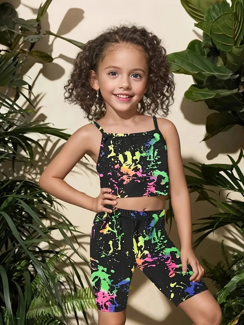 Neon Splatter Girls 2 Piece Shorts Set Black Cami Top & Colorful Print Stretch Pants Cute Casual Outfit