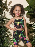 Neon Splatter Girls 2 Piece Shorts Set Black Cami Top & Colorful Print Stretch Pants Cute Casual Outfit