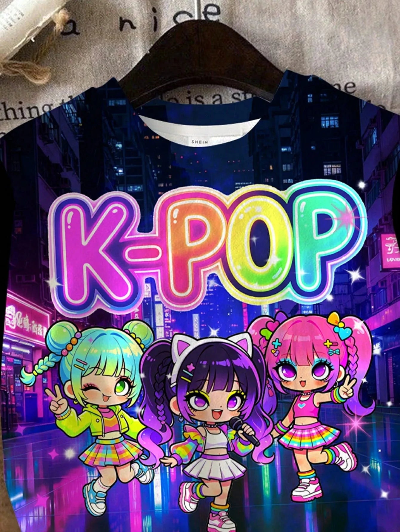 Girls Neon City K-Pop Idol Cartoon 2Pcs Shorts Set Night Street Print Tee & Matching Shorts Soft Kids Summer Casual Outfit Suit