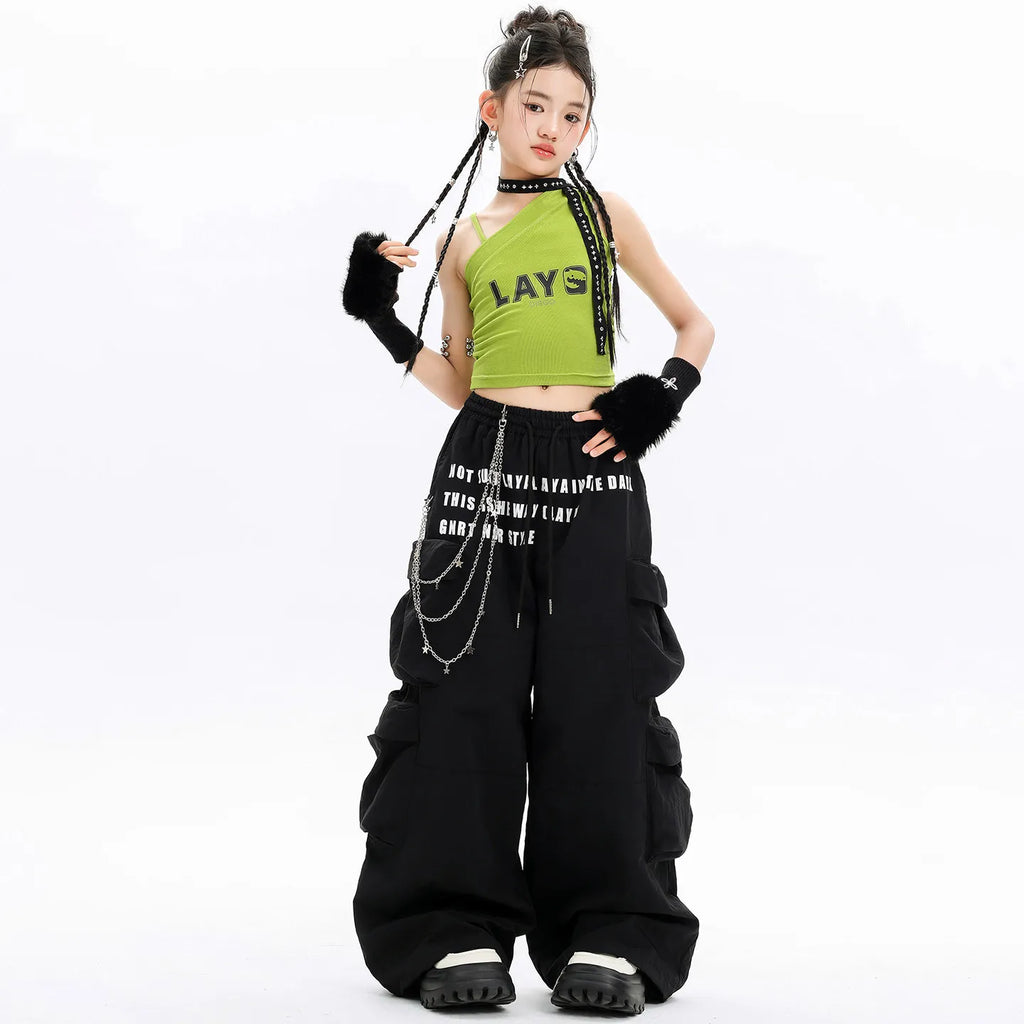 Girls Hip Hop Dance Outfit Neon Green Sleeveless Top with Black Letter Print Pants for Teenage Stage Street Wear Clothes Set