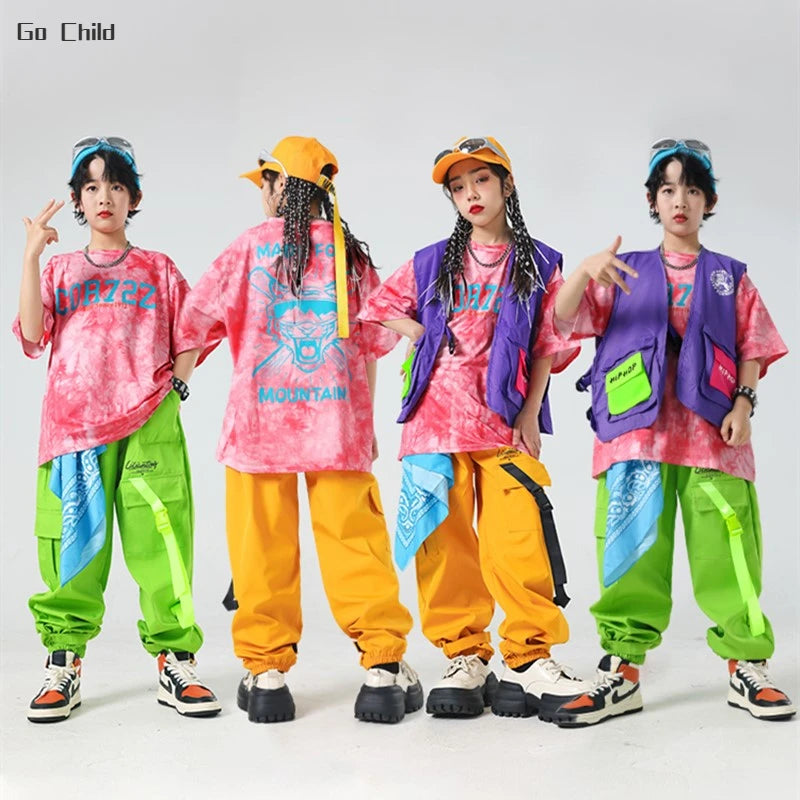 Boys Hip Hop Tie-dyed T-shirt Vest Street Dance Cargo Pants Girls Colorful Tee Clothes Sets Kids Streetwear Child Jazz Costumes