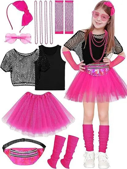 Kids Neon Performance Outfit Fishnet Top Glasses 7 Piece Party Dance Costume Set