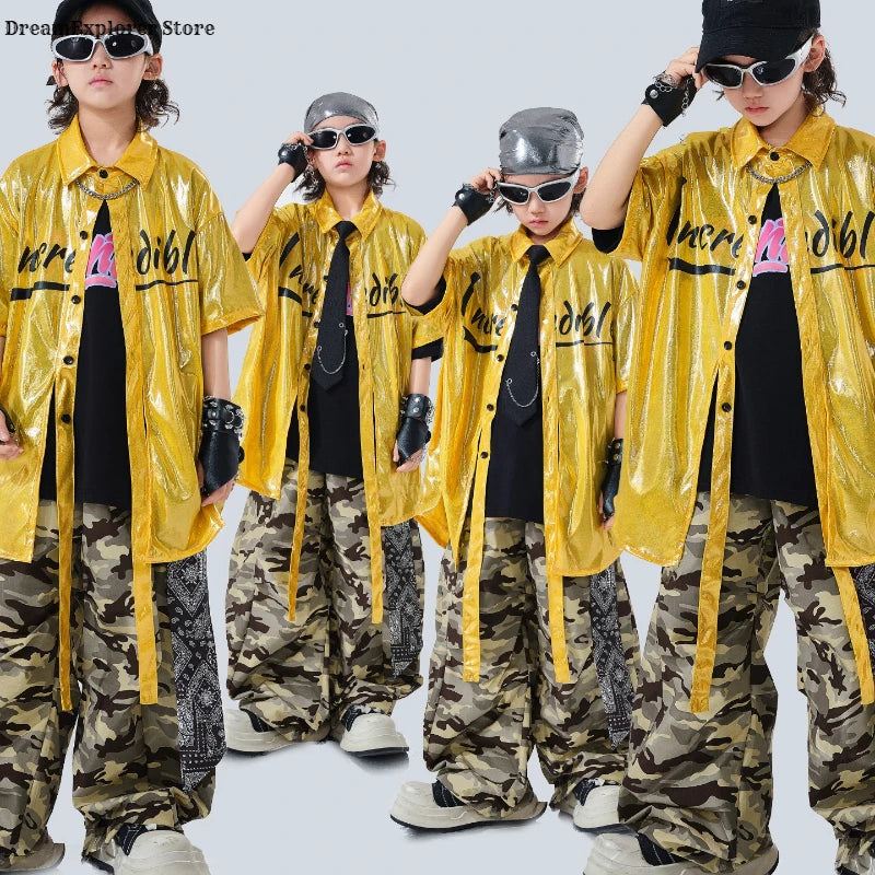 Hip Hop Boys Bright Shiny Shirt Camouflage Pants Girls K-pop Streetwear Children Street Dance Costumes Kids Jazz Clothes Sets
