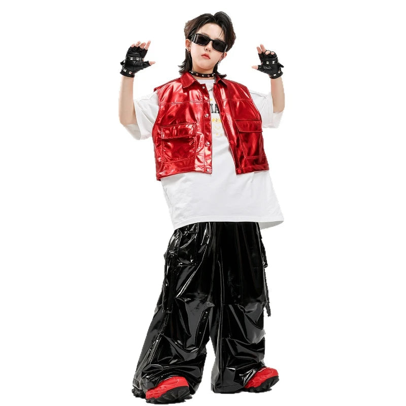Boys Hip Hop Fashion Shiny Vest T-shirt Street Dance Cargo Pants Girls K-pop Clothes Sets Kids Jazz Costumes Children Streetwear