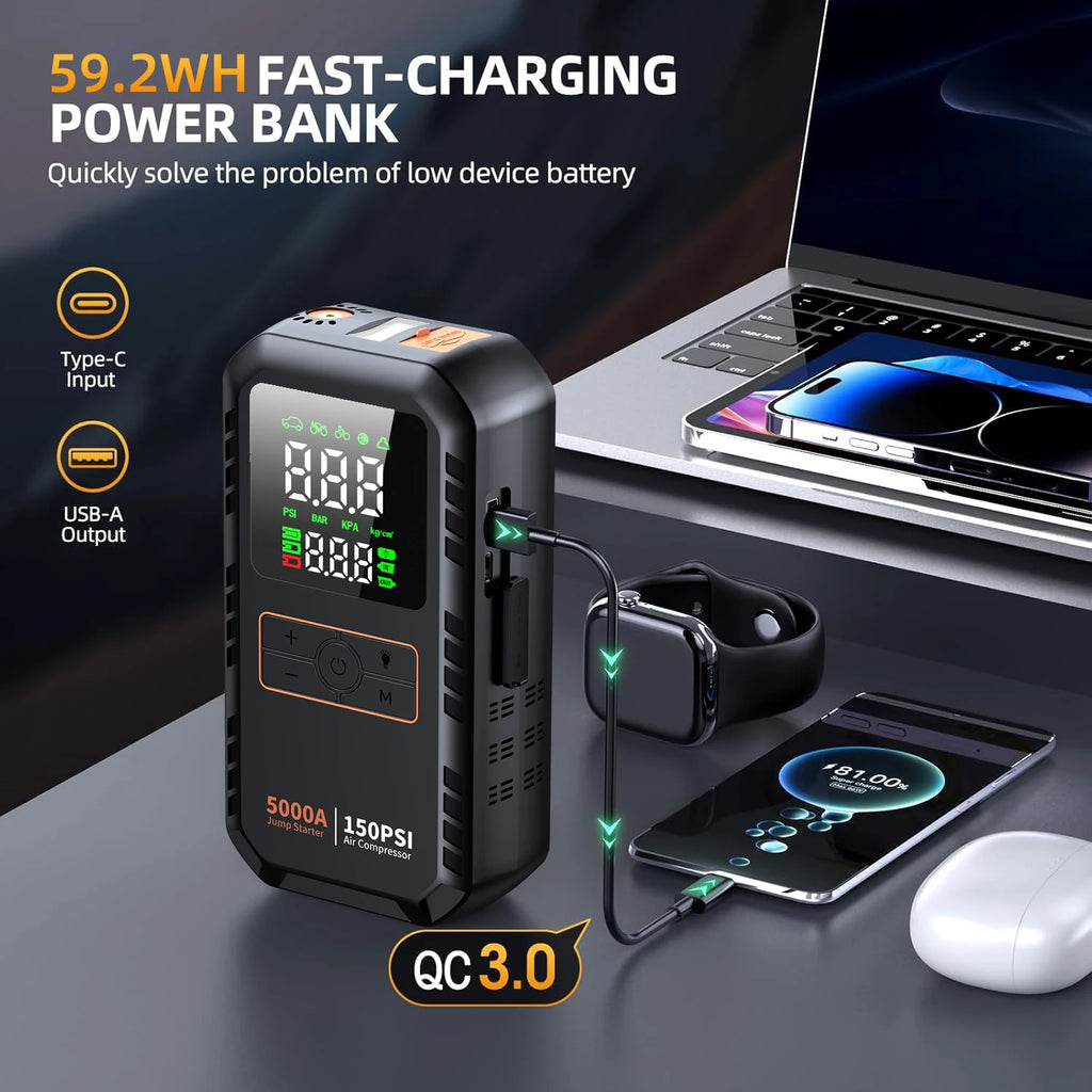 Démarreur de Batterie 4-en-1 5000A + Compresseur 150PSI