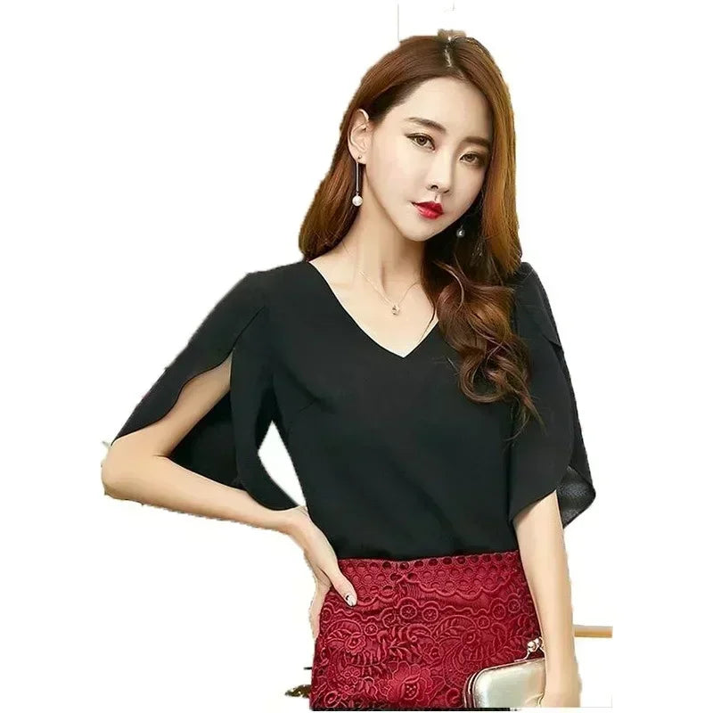 Women Chiffon Short Sleeve Shirt Sexy V-neck Loose Ruffled Chiffon Blouse.