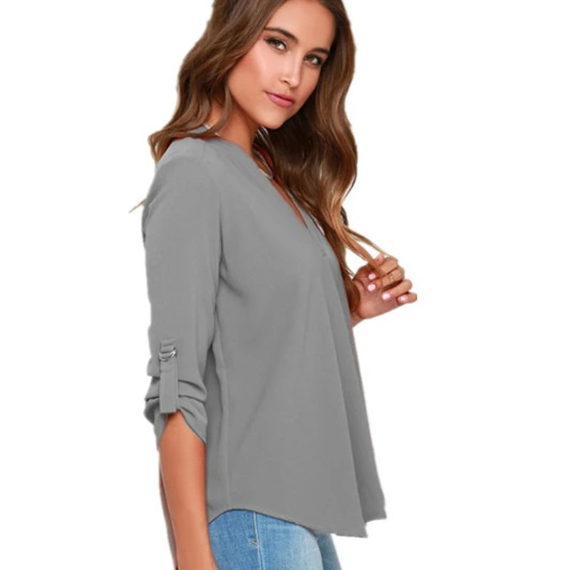 Chemisier en mousseline col V manches longues pour femme – vue 3