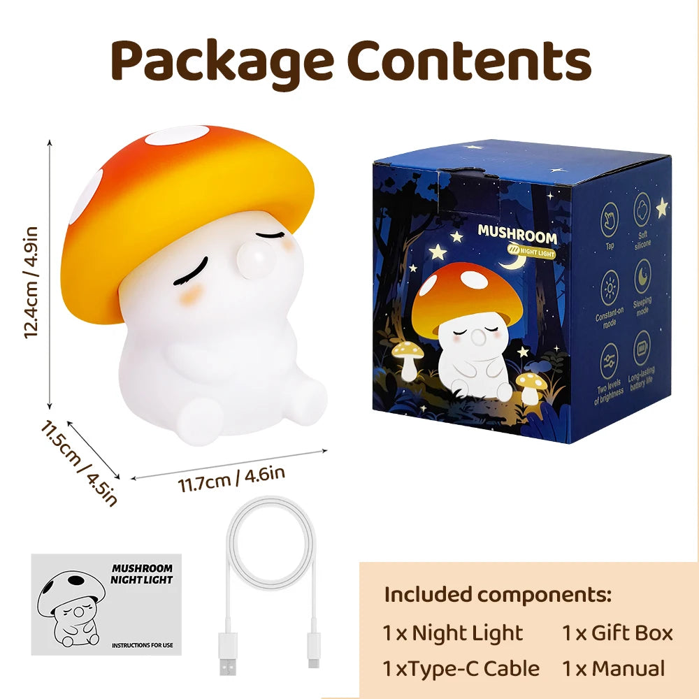 Mushroom Night Light Squishy Silicone Nursery Lamp With Tap Control Warm Light and RGB Color Changing Bedside Sleep Light