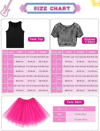 Kids Neon Performance Outfit Fishnet Top Glasses 7 Piece Party Dance Costume Set