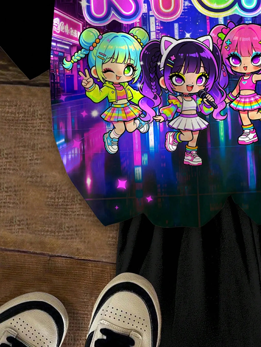 Girls Neon City K-Pop Idol Cartoon 2Pcs Shorts Set Night Street Print Tee & Matching Shorts Soft Kids Summer Casual Outfit Suit