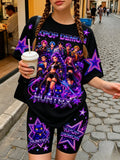 Girls Pink Neon Star Kpop Demon Hunters 2Pcs Outfit Anime & Magic Cat Print Tee Star Pattern Biker Shorts Kids Summer Casual Set
