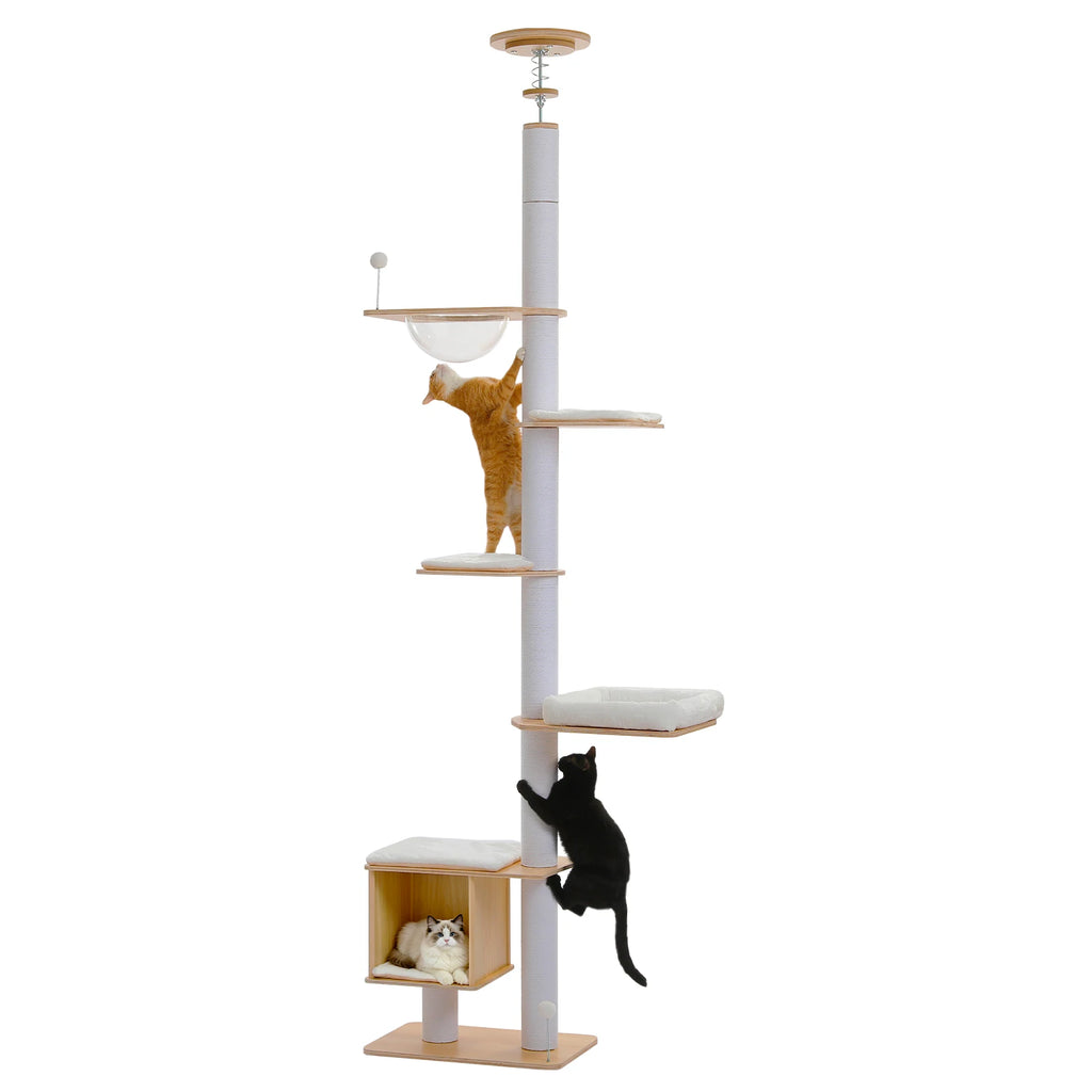 Floor to Ceiling Cat Tree for Indoor Height Adjustable Cat Tower with Sisal Scratching Posts Large Condo Acrylic Capsule Washable Mats Modern Wood Cat Furniture Cat Toys
