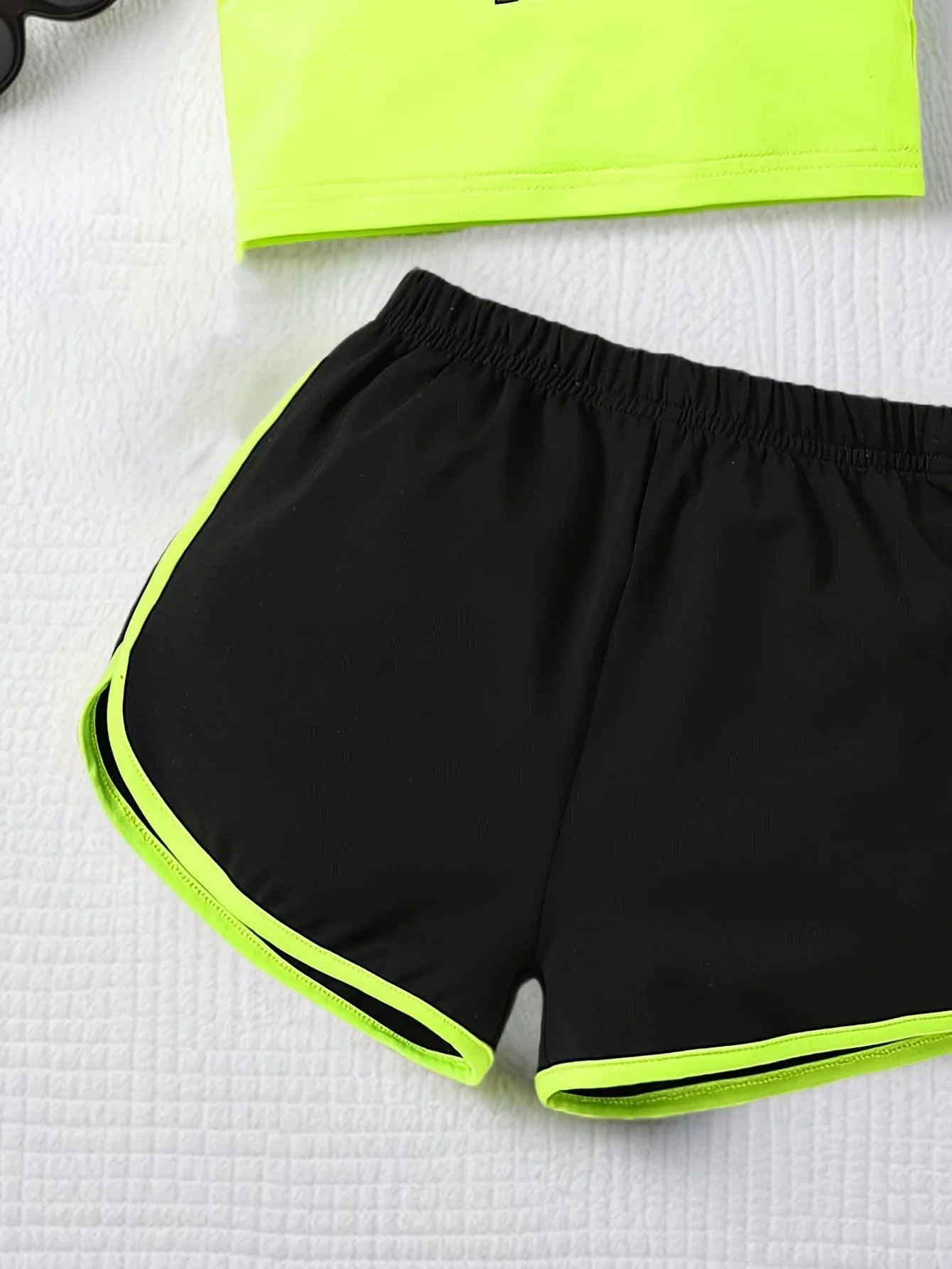 Girls 2 Piece Outfit, Neon Letter Print Spaghetti Cami Top Athletic Shorts Soft Kids for Daily Summer Casual Street Sports Wear