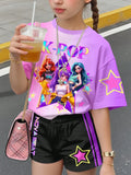 Children's Girl Deep Purple Magenta Gradient Kpop 3D Stage Girl Team Pattern T-shirt Neon Star Side Striped Shorts