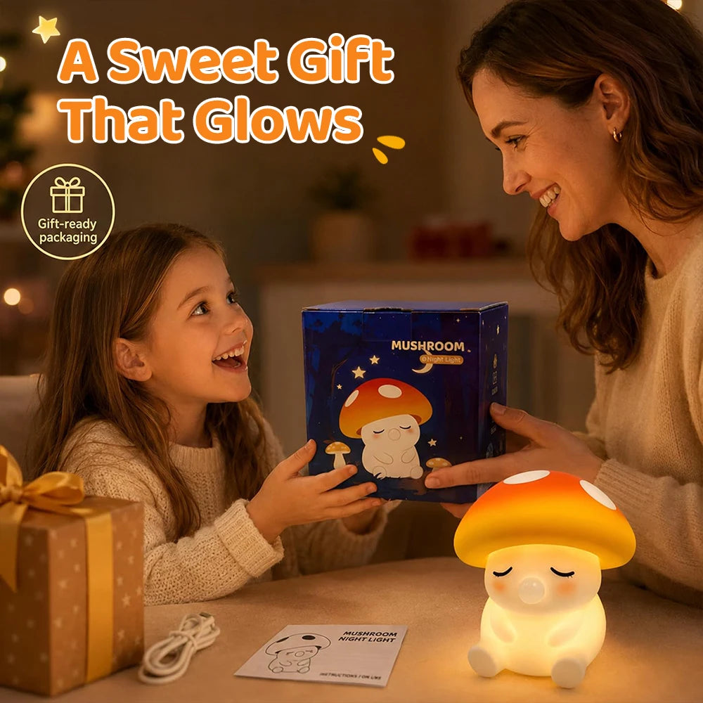 Squishy Mushroom Night Light With RGB Color 2 Brightness Adjustable Nursery Nightlight Rechargeable Silicone Touch Bedside Lamp