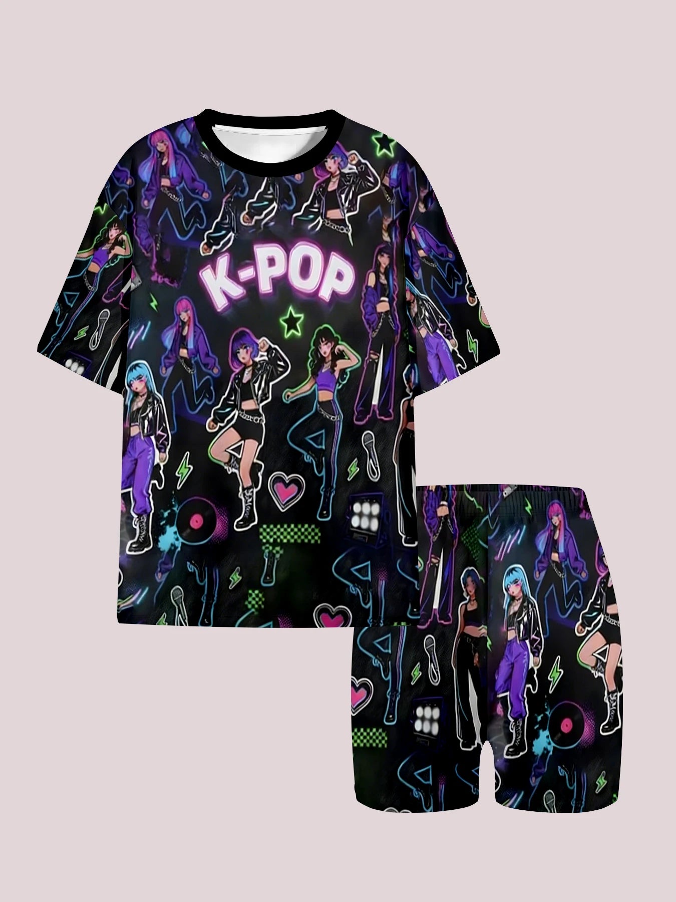 Neon K-Pop Idol Printed Casual 2PCS T-shirt and Shorts Set, Suitable for K-Pop Fans' Birthday Gifts Comfortable Casual Set