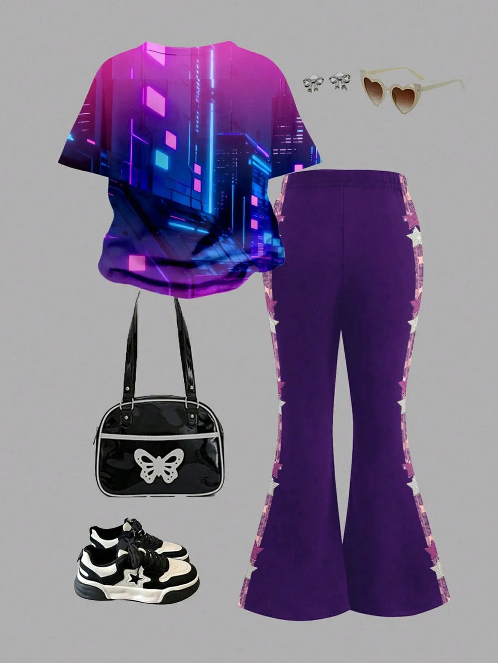 Girl Kpop 3Dcartoon idol print 2-piece set purple city neon light short sleeved T-shirt with star side stripes and trumpet shape