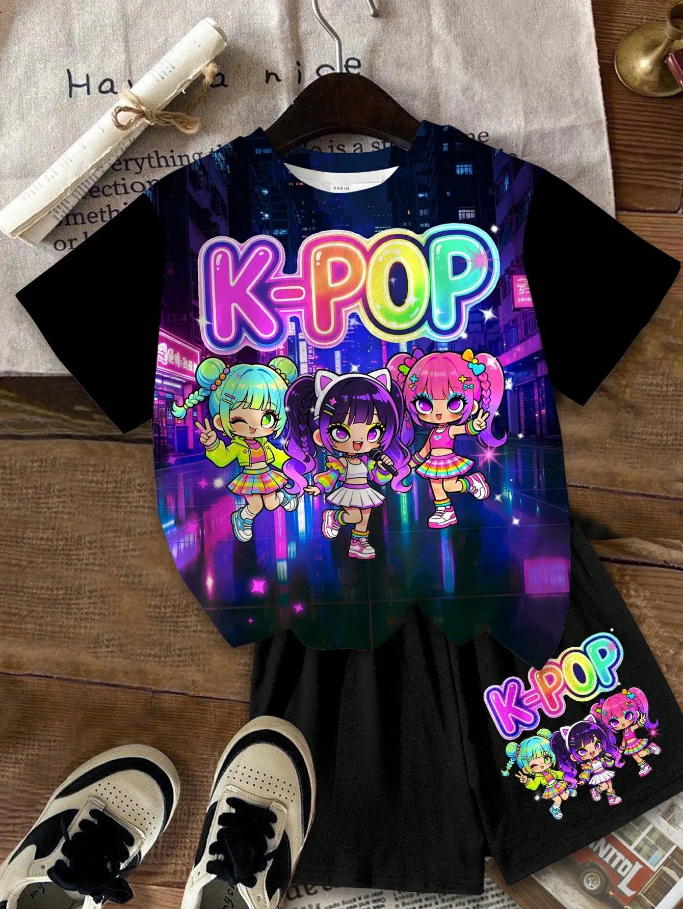 Girls Neon City K-Pop Idol Cartoon 2Pcs Shorts Set Night Street Print Tee & Matching Shorts Soft Kids Summer Casual Outfit Suit