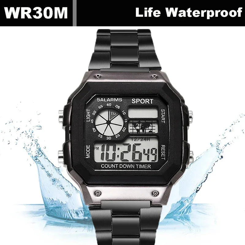 Montre digitale en acier de sport LED pour homme – vue 3