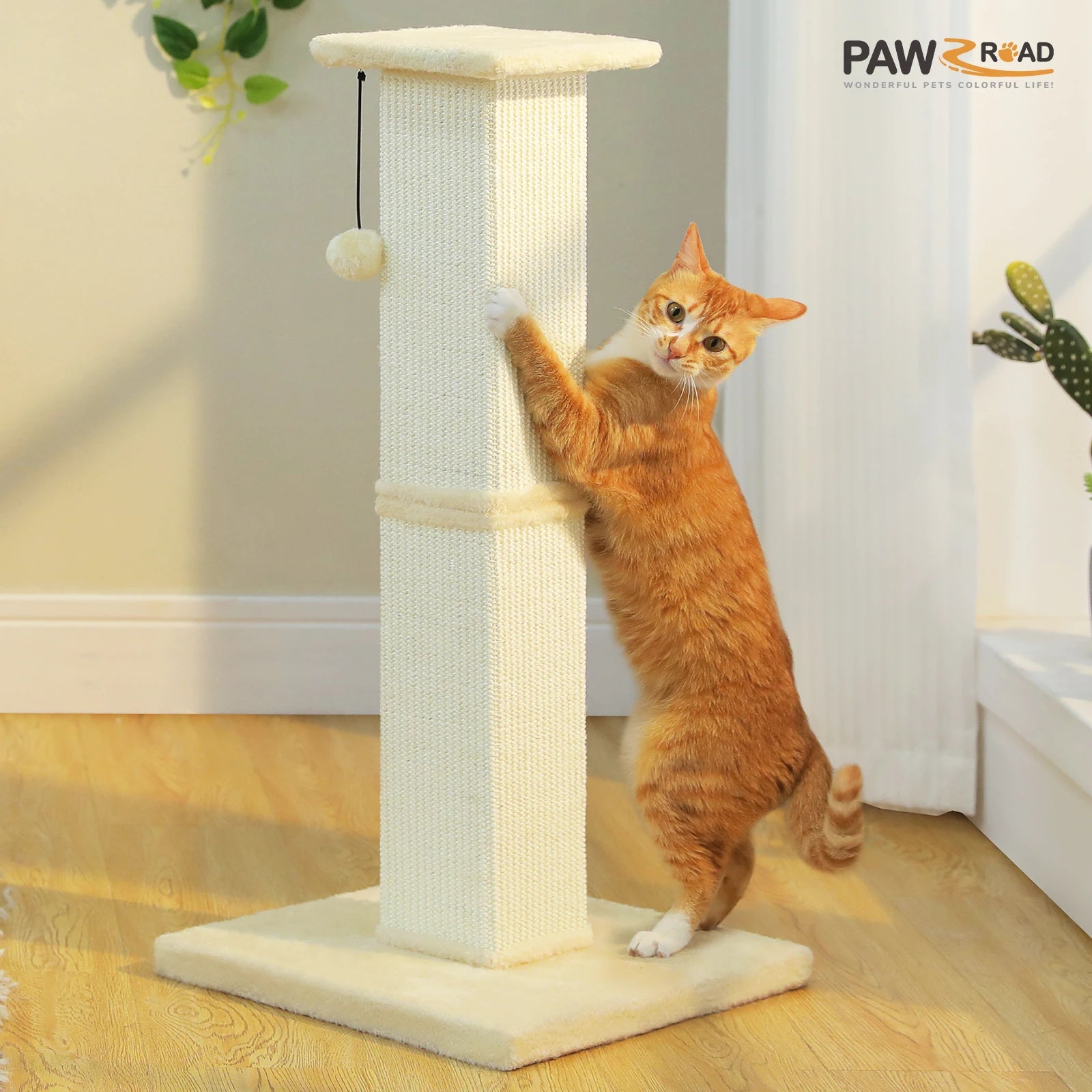 Large Cat Scratching Post with Woven Sisal Heavy Duty Base and Removable Dangling Ball Tall Cat Scratcher for Indoor Cats Adults Ultimate Scratch Post Cat Toys